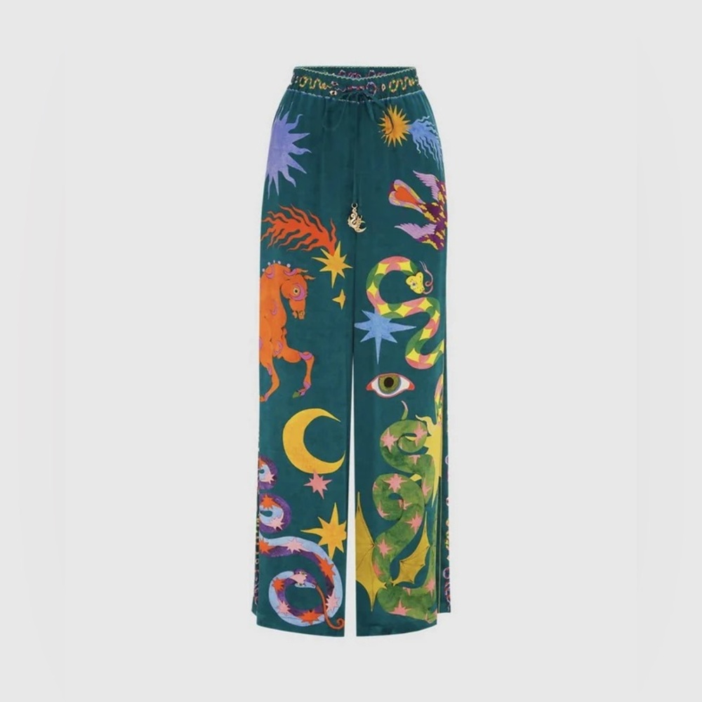 Printed Wide-Leg Jumpsuit in Teal with Celestial Motif - Picture 7 of 16